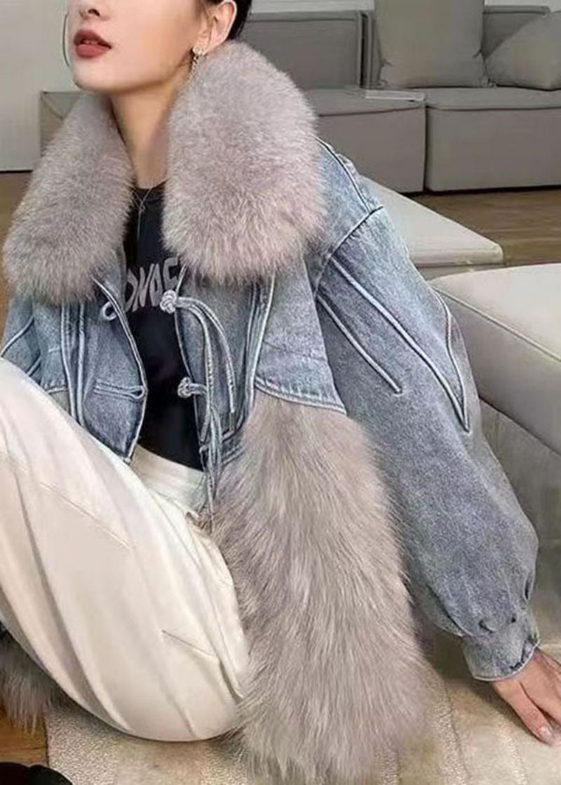 Stilig Hvit Dusket Denim Patchwork Fuzzy Fur Fluffy Coat Vinter - Vinterfrakker for kvinner