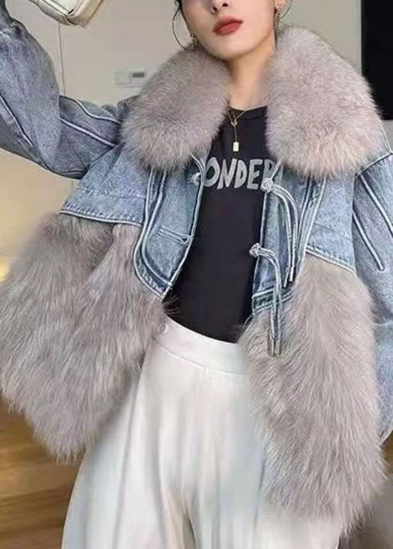 Stilig Hvit Dusket Denim Patchwork Fuzzy Fur Fluffy Coat Vinter - Vinterfrakker for kvinner