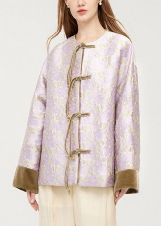 Stilig Lilla O-hals Knapp Silke Velour Patchwork Coats Spring