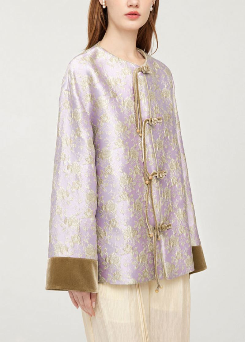 Stilig Lilla O-hals Knapp Silke Velour Patchwork Coats Spring - Vinterfrakker for kvinner