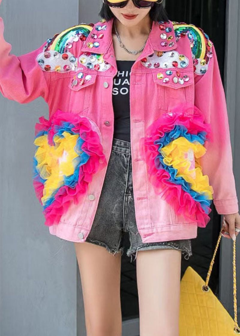 Stilig Rose Ruffled Zircon Paljetter Patchwork Denim Coat Spring - Vinterfrakker for kvinner