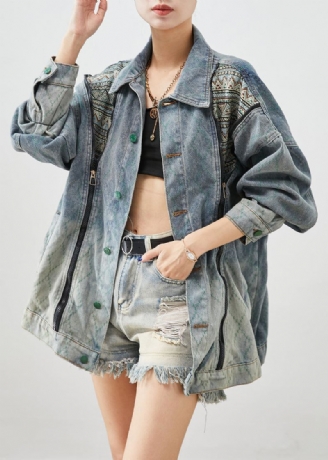 Stilige Zip Up Patchwork Denim Coats Høst