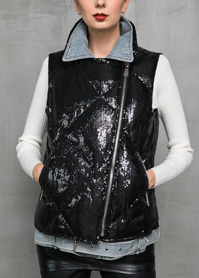 Svart Denim Patchwork Andedun Vest Peter Pan Krage Vinter - Vinterfrakker for kvinner