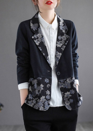 Svart Patchwork Button Denim Coat Langermet