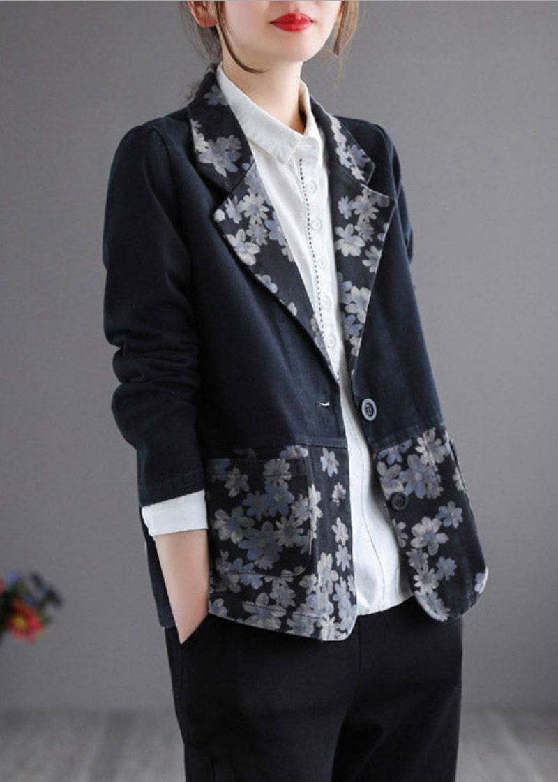 Svart Patchwork Button Denim Coat Langermet - Svart