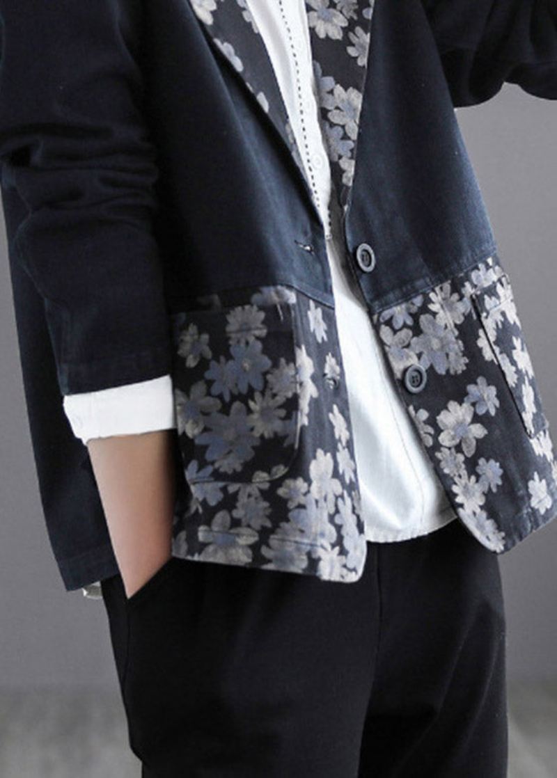 Svart Patchwork Button Denim Coat Langermet - Svart