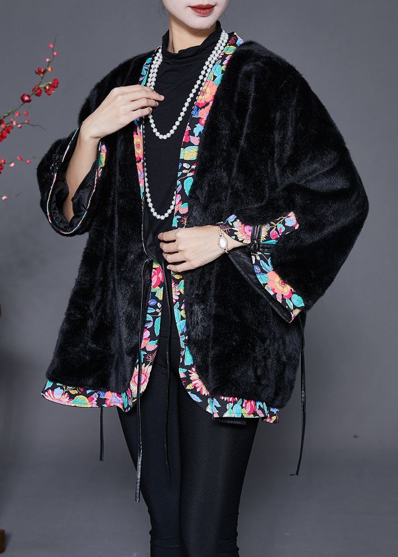 Svart Patchwork Mink Velvet Coat Outwear Overdimensjonert Snøring Vinter - Vinterfrakker for kvinner