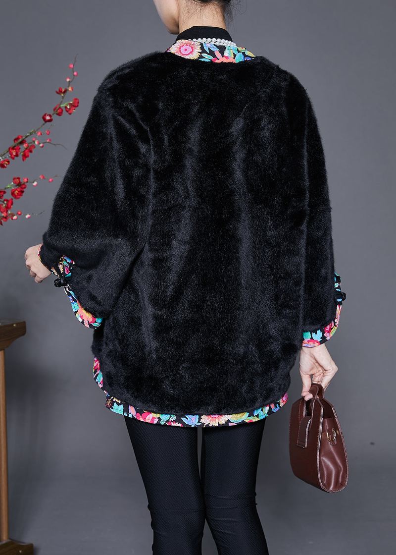 Svart Patchwork Mink Velvet Coat Outwear Overdimensjonert Snøring Vinter - Vinterfrakker for kvinner