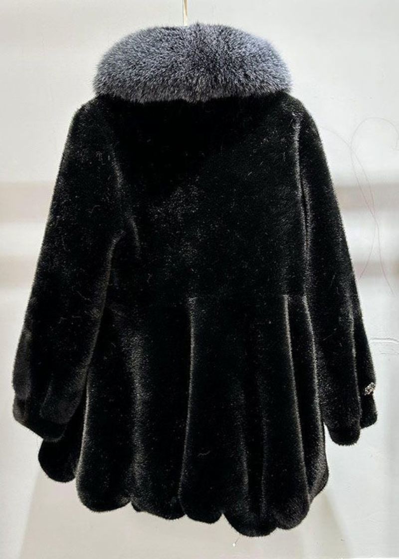 Svart Slim Fit Mink Velvet Coat Fox Krage Lommer Vinter - Vinterfrakker for kvinner