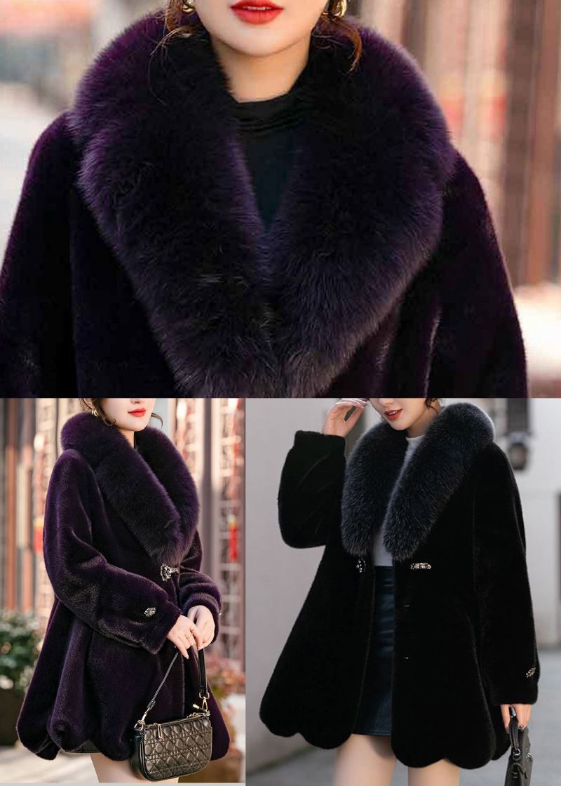 Svart Slim Fit Mink Velvet Coat Fox Krage Lommer Vinter - Vinterfrakker for kvinner