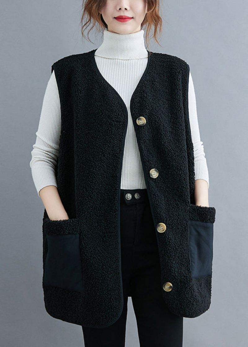 Svart V-hals Patchwork Teddy Fuskepels Vest