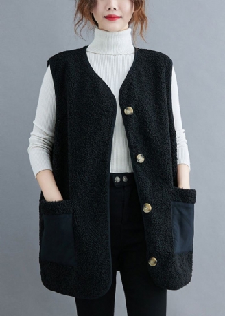 Svart V-hals Patchwork Teddy Fuskepels Vest