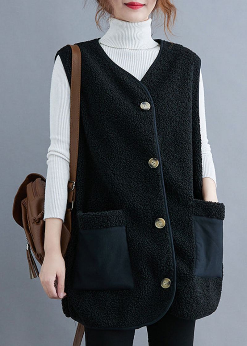 Svart V-hals Patchwork Teddy Fuskepels Vest - Svart