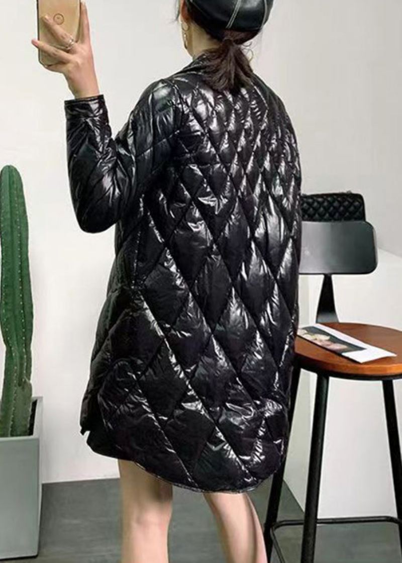 Svarte Knappelommer Patchwork Duck Down Coat Glidelås Med Lange Ermer - Vinterfrakker for kvinner