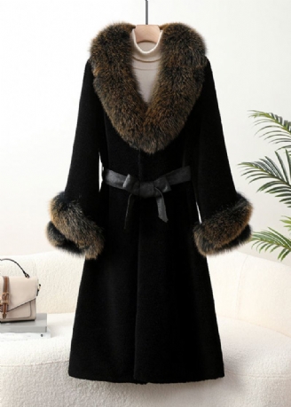 Toppkvalitet Black Fox Kragelommer Tie Midje Cashmere Coats Vinter