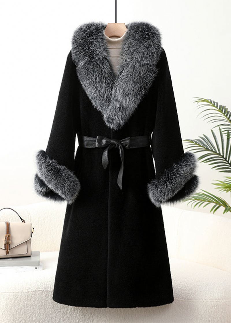 Toppkvalitet Black Fox Kragelommer Tie Midje Cashmere Coats Vinter - Vinterfrakker for kvinner