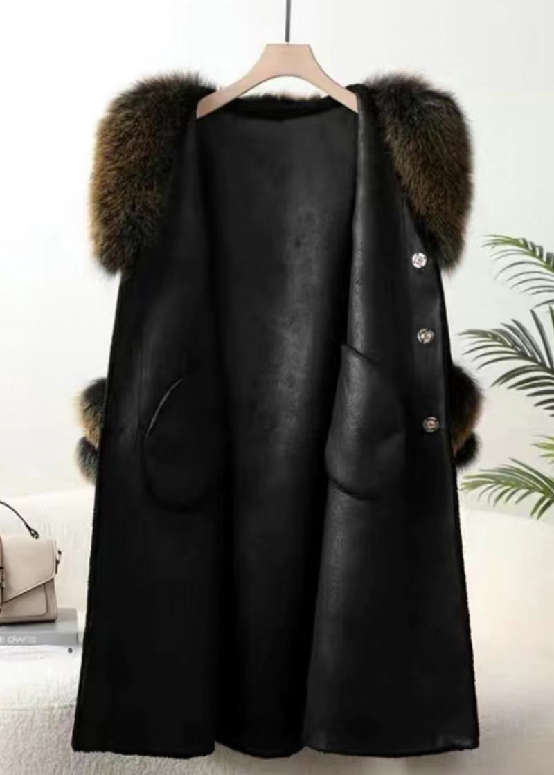 Toppkvalitet Black Fox Kragelommer Tie Midje Cashmere Coats Vinter - Vinterfrakker for kvinner