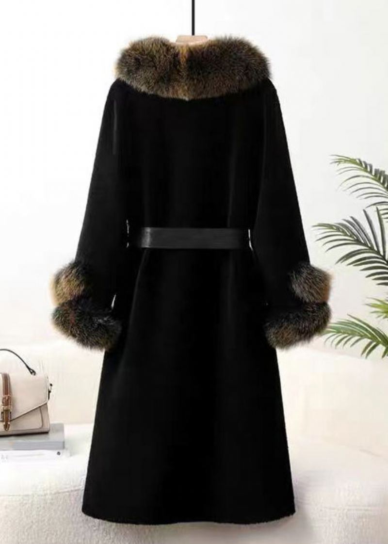 Toppkvalitet Black Fox Kragelommer Tie Midje Cashmere Coats Vinter - Vinterfrakker for kvinner