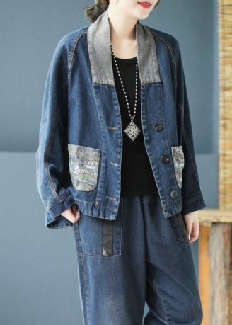 Uformell Blå Lommer Knapp Patchwork Print Fall Denim Langermet Kåpe