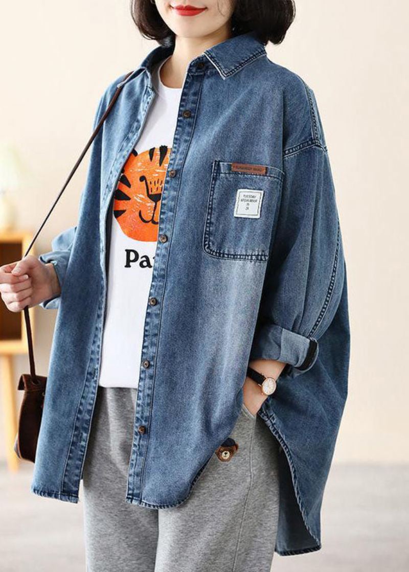 Uformell Blå Peter Pan-krage Oversized Applique Cotton Denim Coat Spring