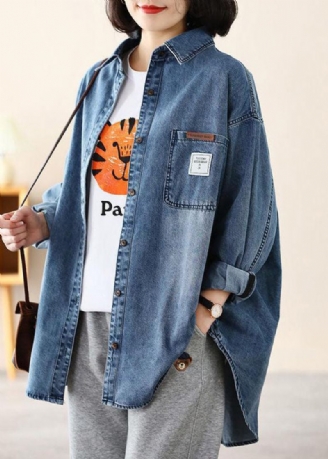 Uformell Blå Peter Pan-krage Oversized Applique Cotton Denim Coat Spring