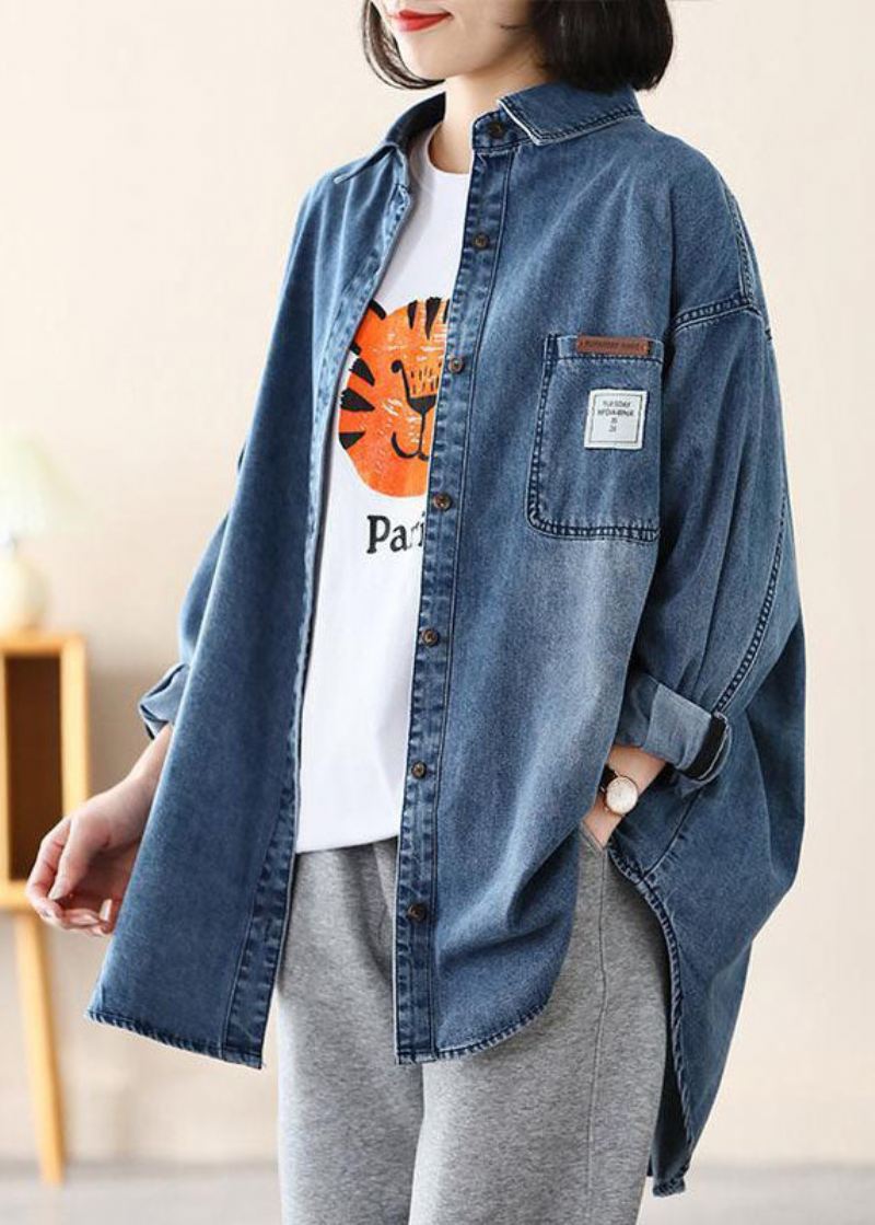 Uformell Blå Peter Pan-krage Oversized Applique Cotton Denim Coat Spring - Vinterfrakker for kvinner