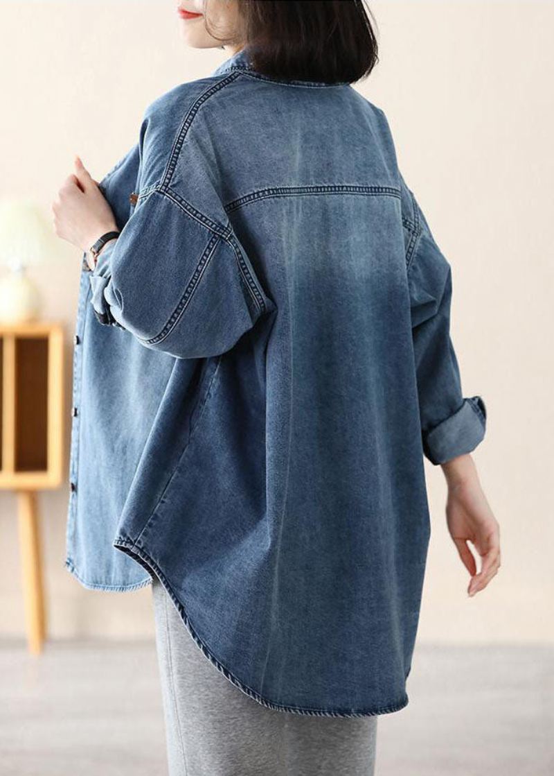 Uformell Blå Peter Pan-krage Oversized Applique Cotton Denim Coat Spring - Vinterfrakker for kvinner