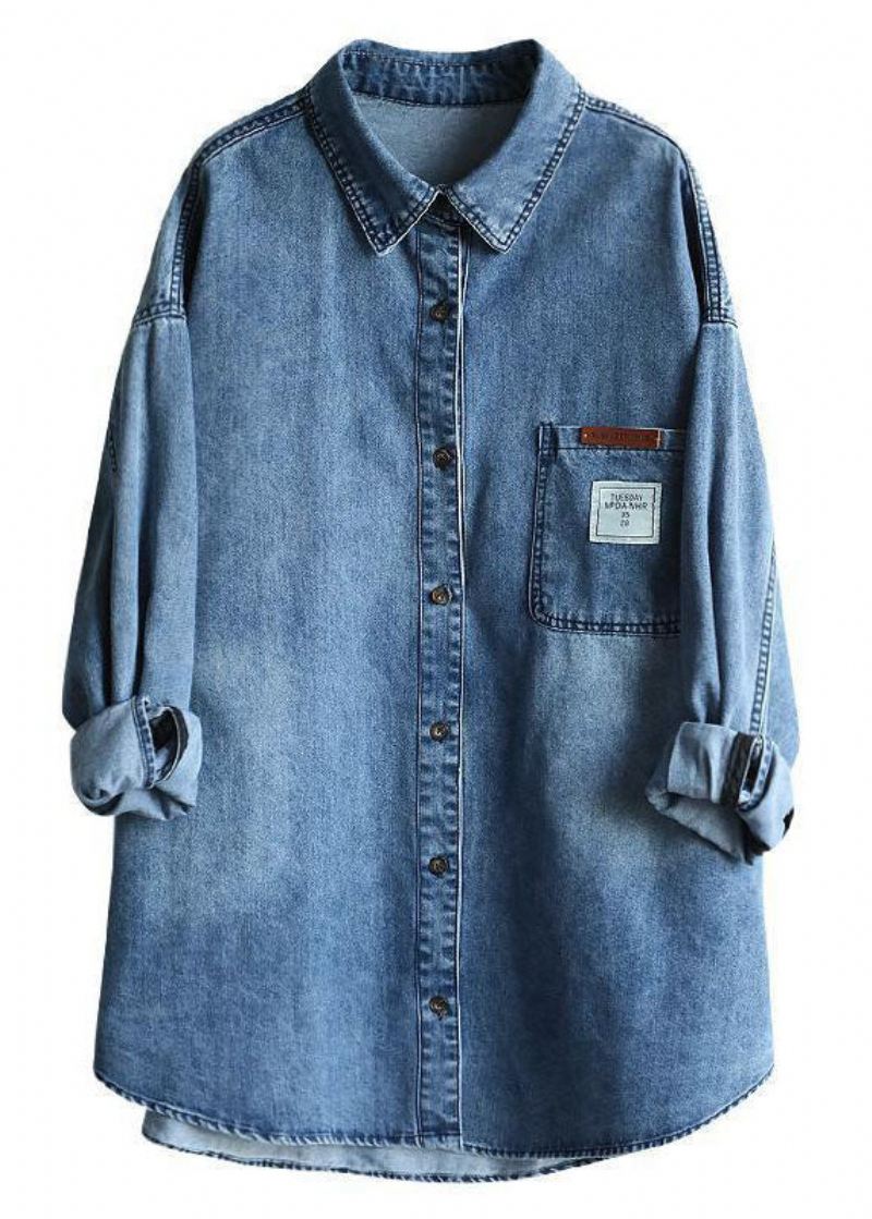 Uformell Blå Peter Pan-krage Oversized Applique Cotton Denim Coat Spring - Vinterfrakker for kvinner