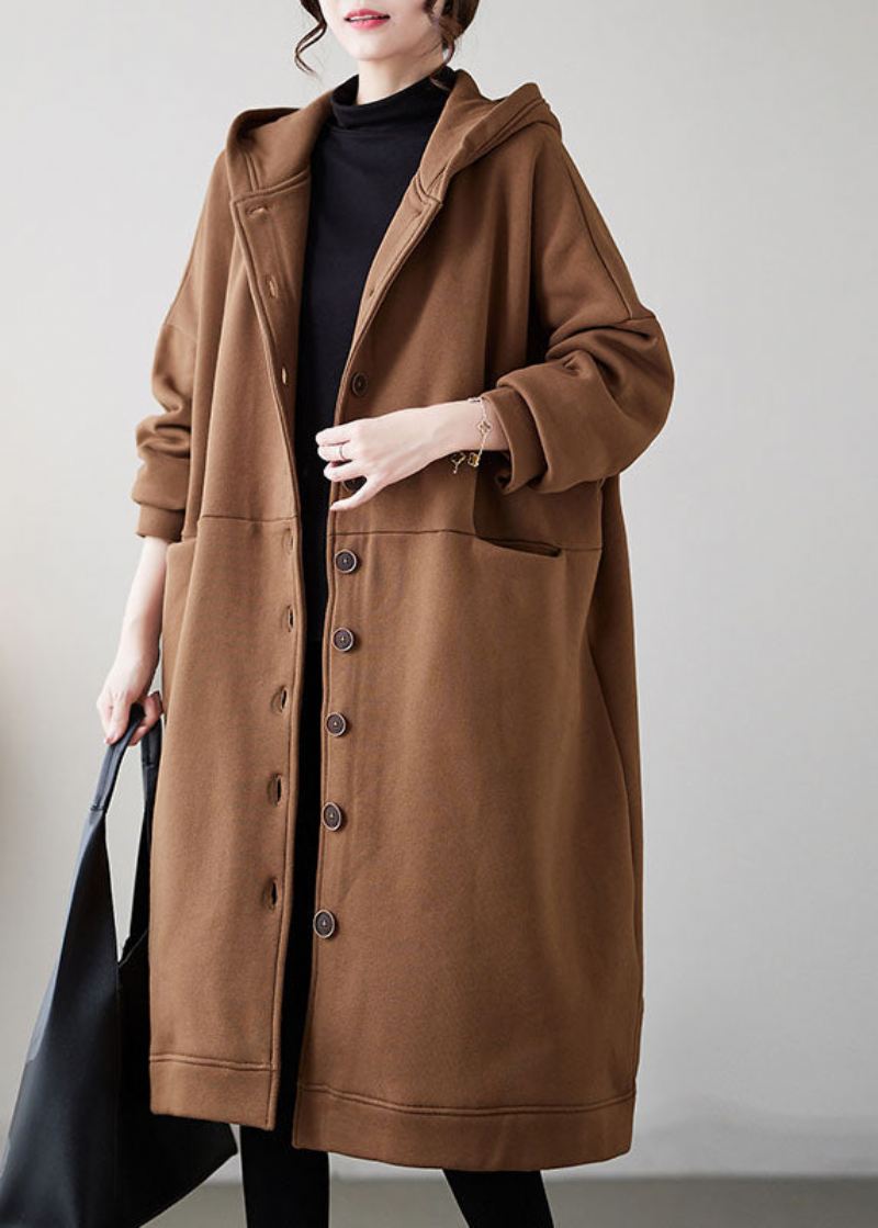 Uformell Camel Button Varm Fleece Tykk Hettegenser Maxi Coat Vinter