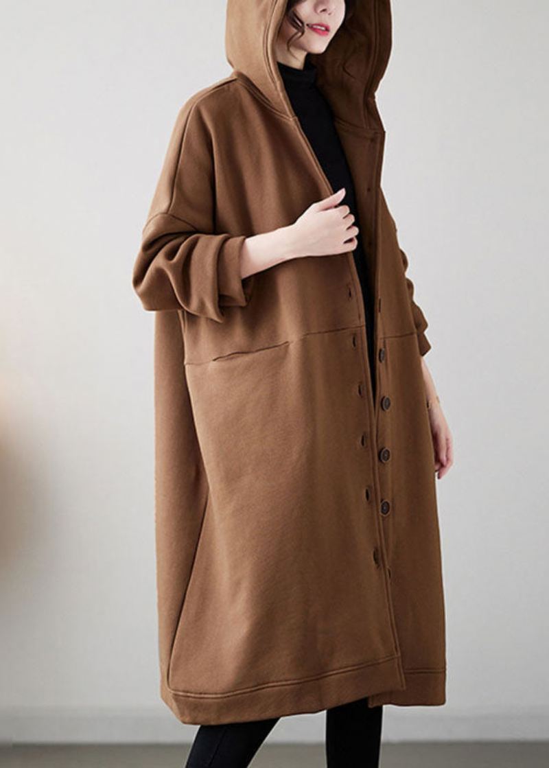 Uformell Camel Button Varm Fleece Tykk Hettegenser Maxi Coat Vinter - Kamel