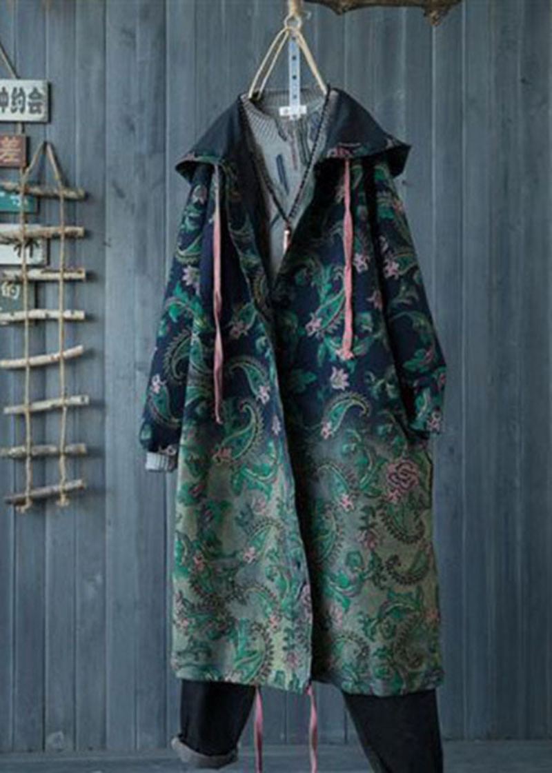 Uformell Grønn Gradient Farge Hette Lommer Print Bomull Denim Trench Spring