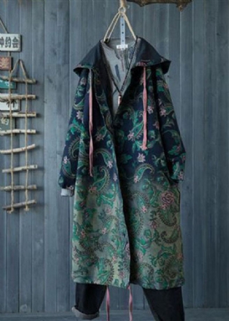 Uformell Grønn Gradient Farge Hette Lommer Print Bomull Denim Trench Spring