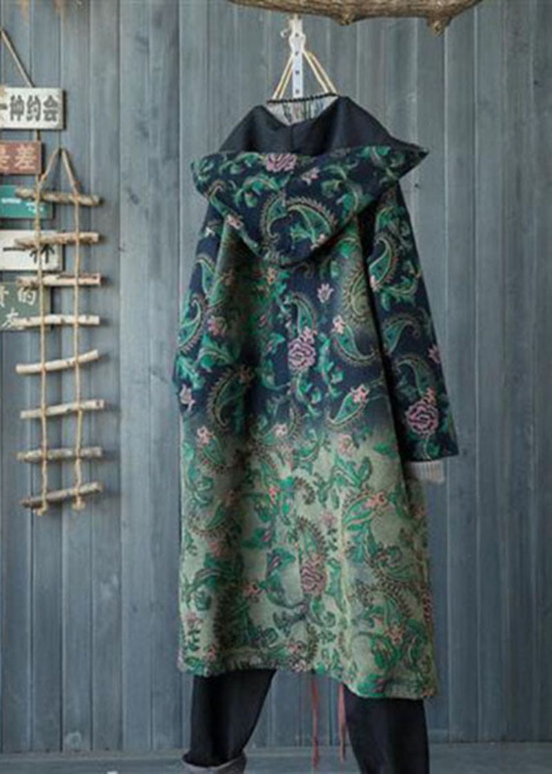 Uformell Grønn Gradient Farge Hette Lommer Print Bomull Denim Trench Spring - Vinterfrakker for kvinner