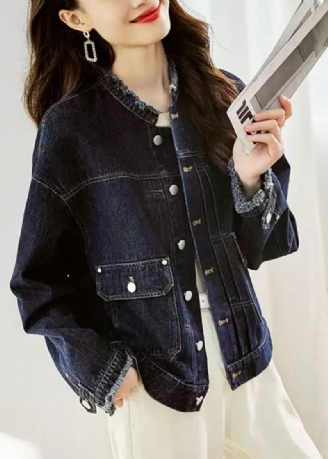 Uformell Mørkeblå O-hals Lommer Patchwork Denim Coats Fall