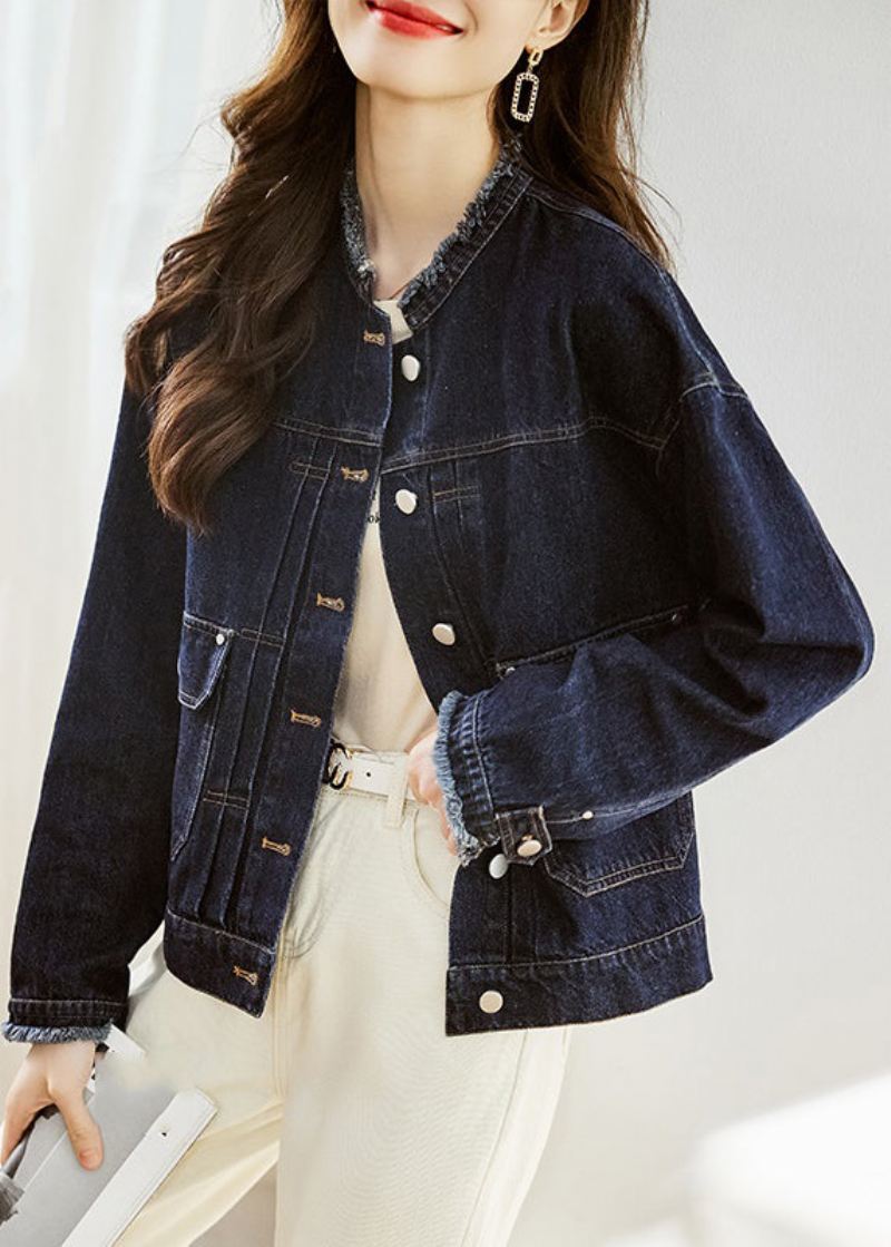 Uformell Mørkeblå O-hals Lommer Patchwork Denim Coats Fall - Vinterfrakker for kvinner