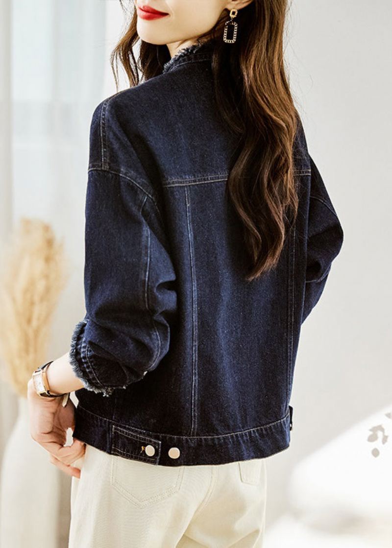 Uformell Mørkeblå O-hals Lommer Patchwork Denim Coats Fall - Vinterfrakker for kvinner