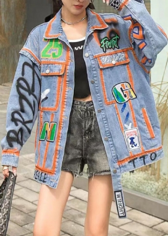 Uformell Oransje Peter Pan Kragelommer Grafisk Lappeteppe Denim Coat Spring