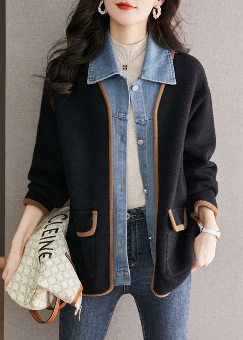 Unik Svart Peter Pan Krage Denim Patchwork Ull Fake Two Piece Coat Fall