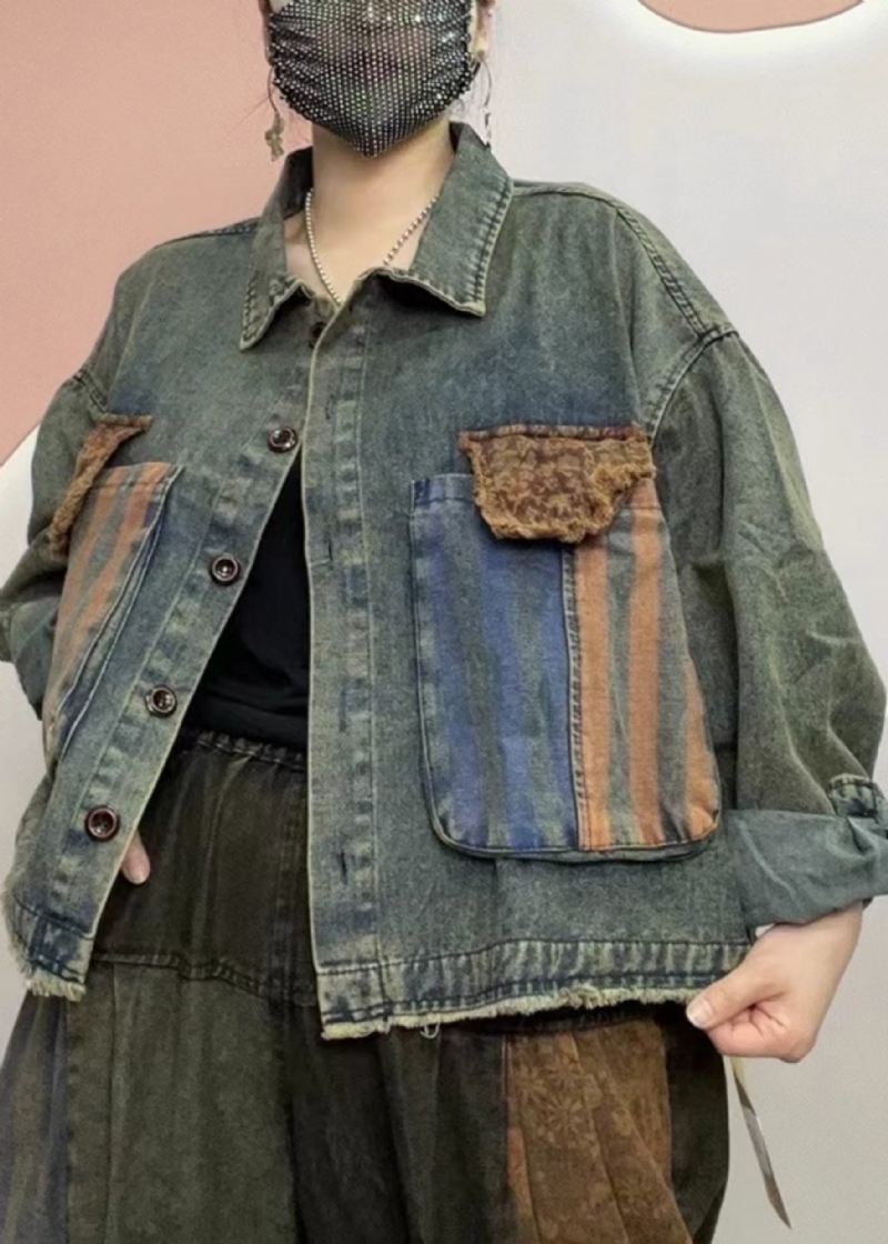 Unik Svart Peter Pan Kragelommer Patchwork Denim Coat Fall - Vinterfrakker for kvinner