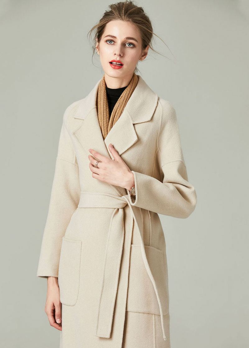 Unike Beige Peter Pan Kragelommer Cashmere Cinch Coats Vinter - Beige