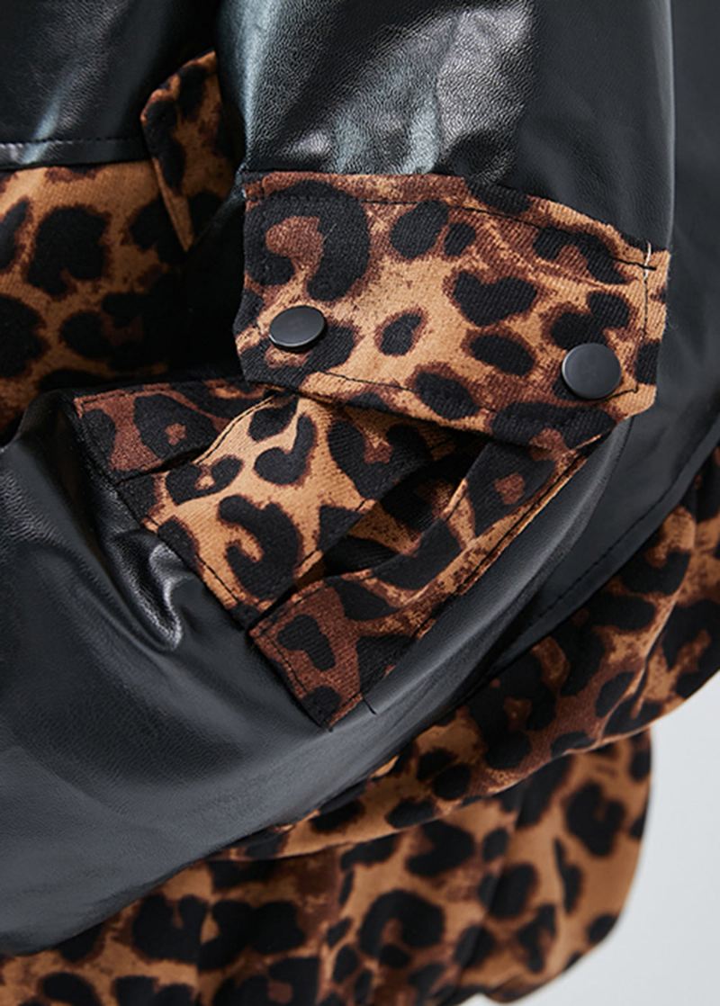 Unike Svarte Overdimensjonerte Patchwork Leopard Faux Leather Coats Spring - Vinterfrakker for kvinner