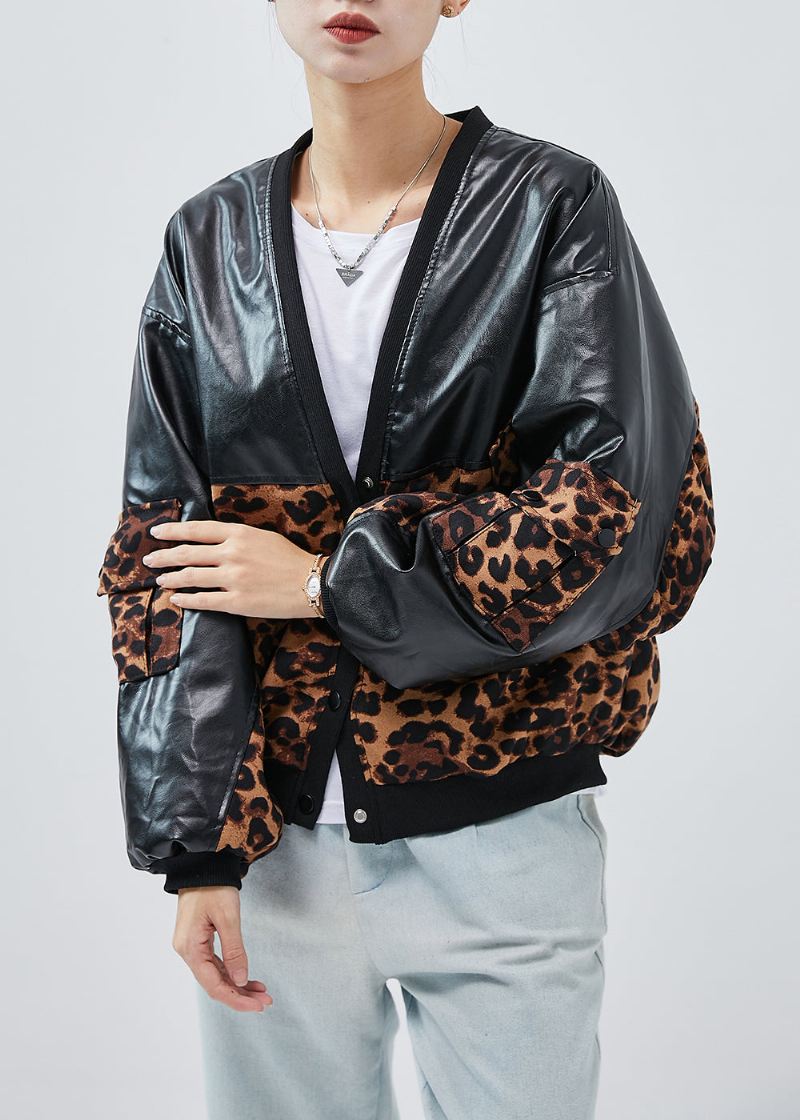 Unike Svarte Overdimensjonerte Patchwork Leopard Faux Leather Coats Spring - Vinterfrakker for kvinner