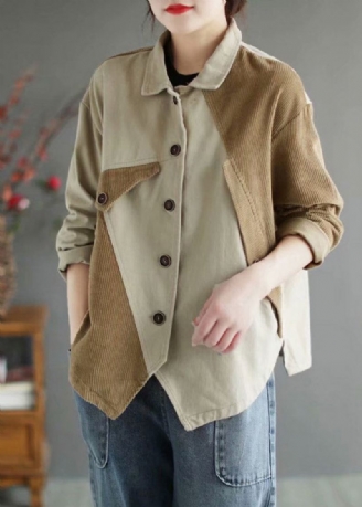 Vakker Beige Peter Pan-krage Patchwork Corduroy-frakker Med Lange Ermer