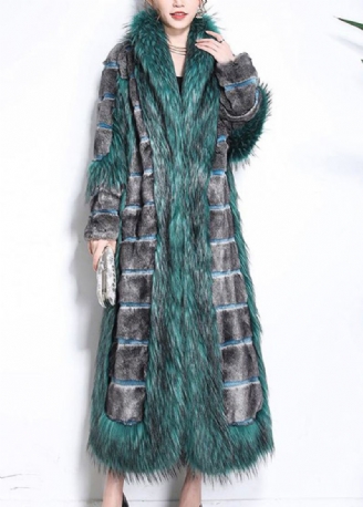 Vakker Grønn Pelskrage Patchwork Stripet Fuzzy Fur Fluffy Coats Vinter