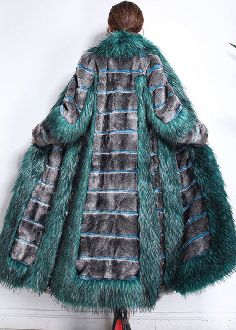 Vakker Grønn Pelskrage Patchwork Stripet Fuzzy Fur Fluffy Coats Vinter - Vinterfrakker for kvinner