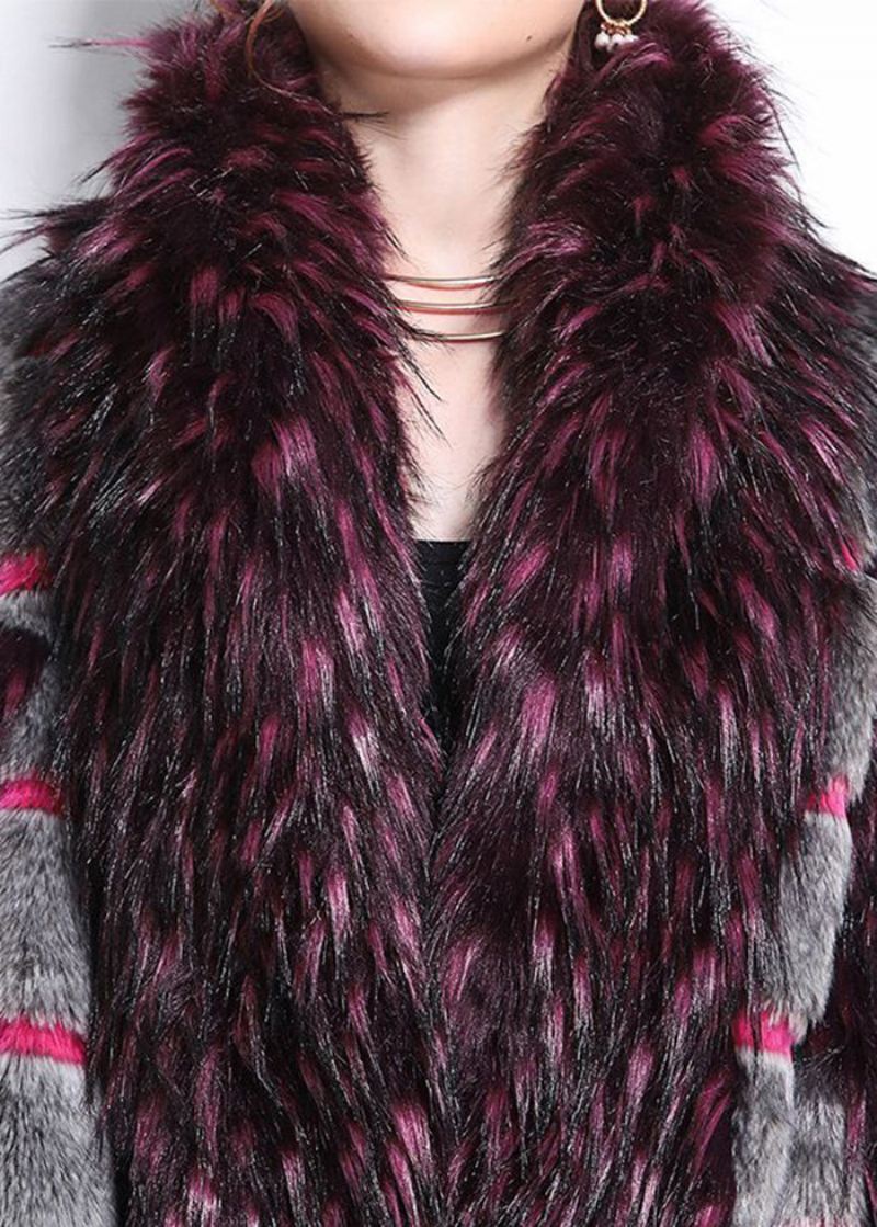 Vakker Grønn Pelskrage Patchwork Stripet Fuzzy Fur Fluffy Coats Vinter - Vinterfrakker for kvinner