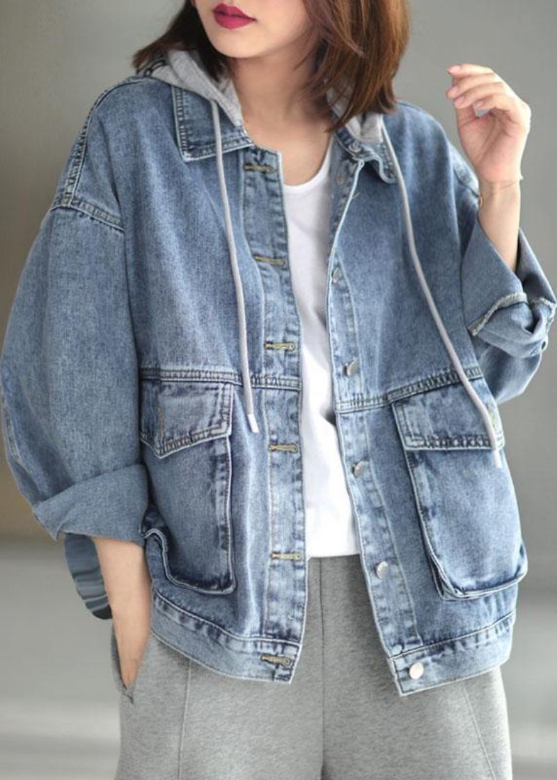 Vakker Lett Denim Hette Lommer Button Fall Langermet Coat