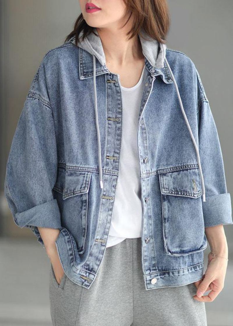 Vakker Lett Denim Hette Lommer Button Fall Langermet Coat - Vinterfrakker for kvinner