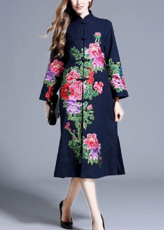 Vakker Navy Stand Collar Brodert Floral Button Coats Langermet