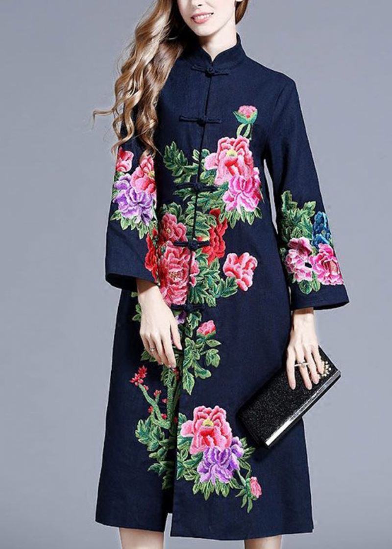 Vakker Navy Stand Collar Brodert Floral Button Coats Langermet - Vinterfrakker for kvinner